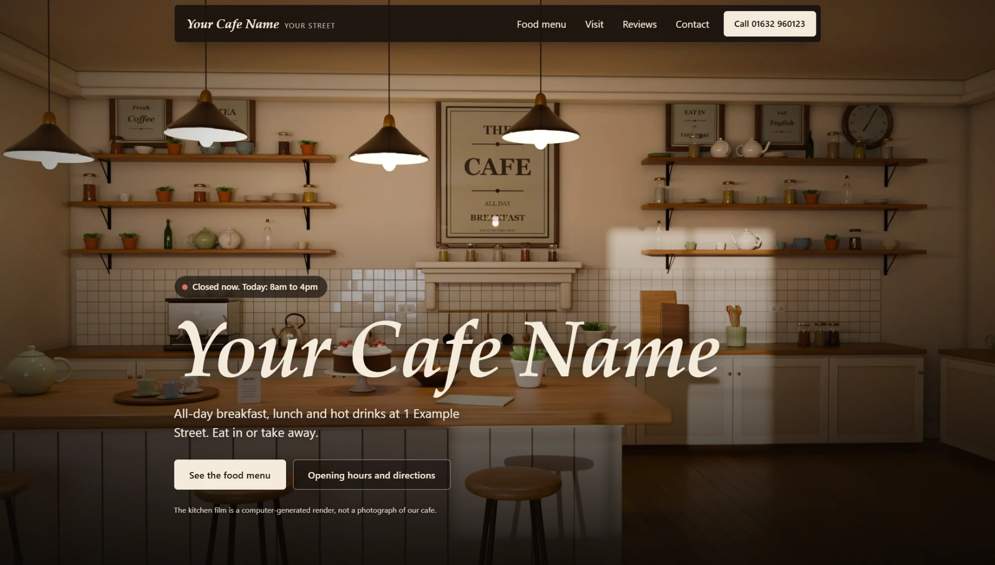 Cafe template home page: a 3D-rendered cafe kitchen with pendant lights, shelves and a wall sign reading The Cafe, with the placeholder heading Your Cafe Name.