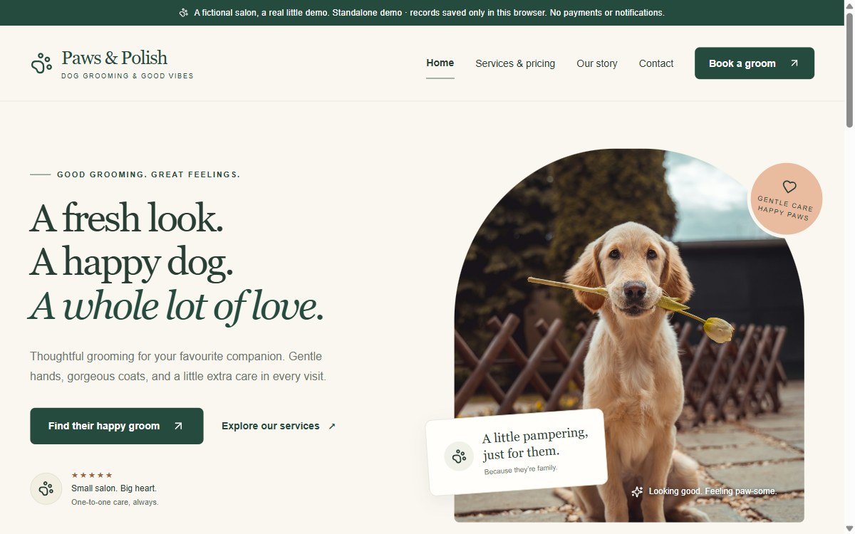 Paws and Polish demo home page: the headline A fresh look, a happy dog, a whole lot of love, beside a photo of a golden retriever.