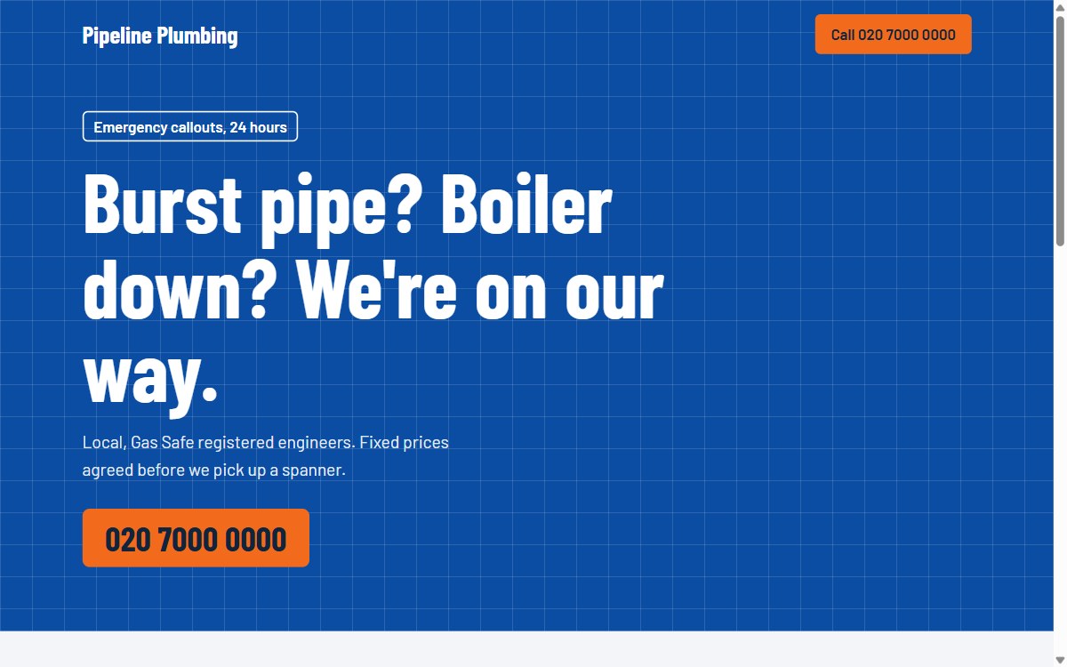 Pipeline Plumbing demo home page: a blue hero with the headline Burst pipe? Boiler down? We are on our way, and an orange phone number button.